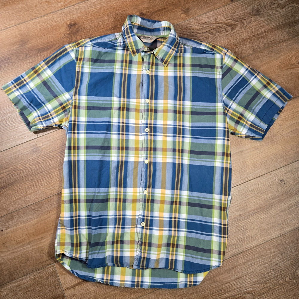 Vintage Y2K Old Navy Shirt Mens M Blue Plaid Embroidered Cotton Button Down 2000